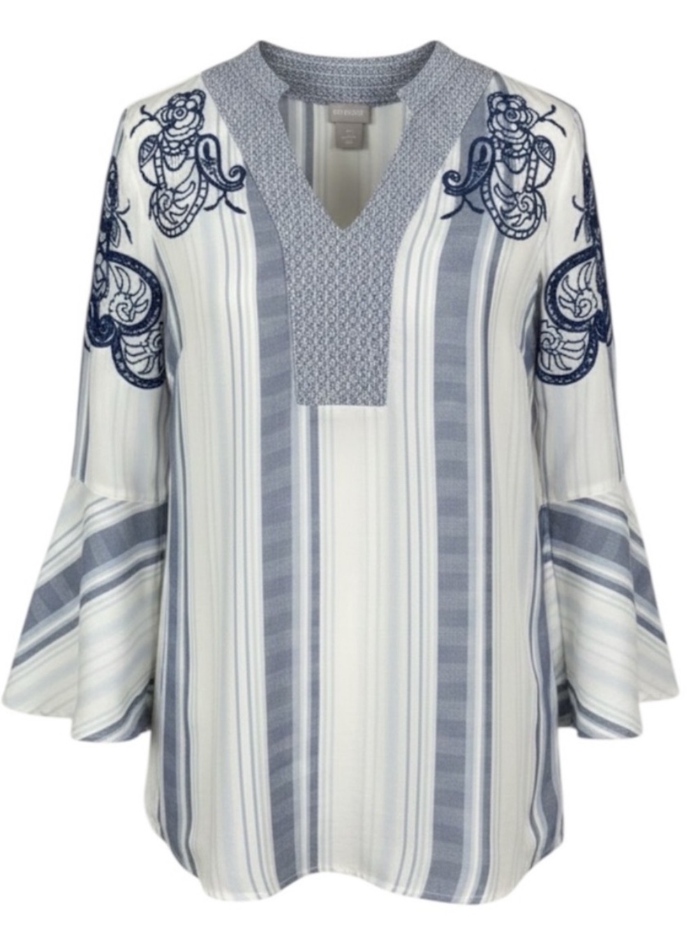 Chico’s Blue & White Striped Boho-Chic Embroidered Bell Sleeve Top Size Small